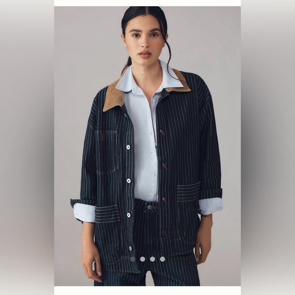 Pilcro Jackets & Blazers - Pilcro Black Pinstripe Jean Jacket with Tan Corduroy Collar